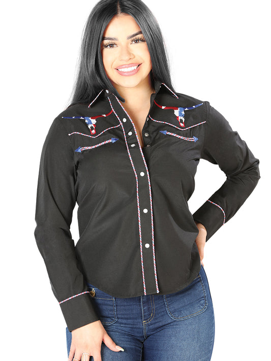 Black Embroidered Long Sleeve Denim Shirt for Women 'The Lord of the Skies' - ID: 126680