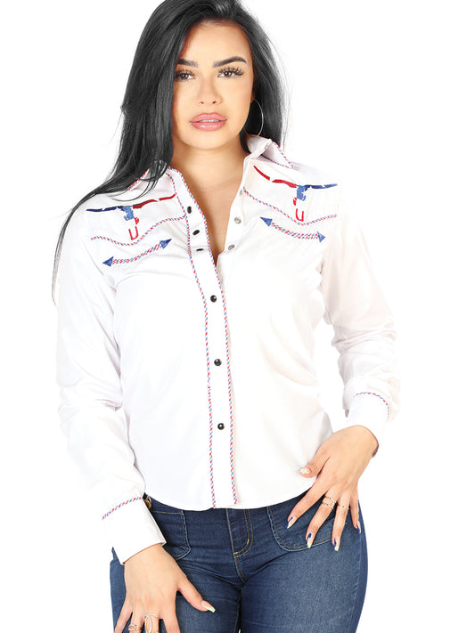 White Embroidered Long Sleeve Denim Shirt for Women 'El Señor de los Cielos' - ID: 126681 Western Shirt El Señor de los Cielos White
