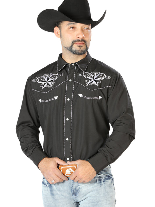 Black Long Sleeve Embroidered Denim Shirt for Men 'The Lord of the Skies' - ID: 126682
