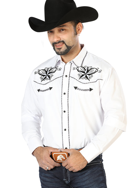 White Long Sleeve Embroidered Denim Shirt for Men 'The Lord of the Skies' - ID: 126683