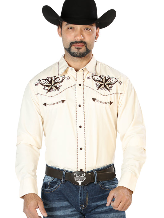 Beige Long Sleeve Embroidered Denim Shirt for Men 'The Lord of the Skies' - ID: 126684