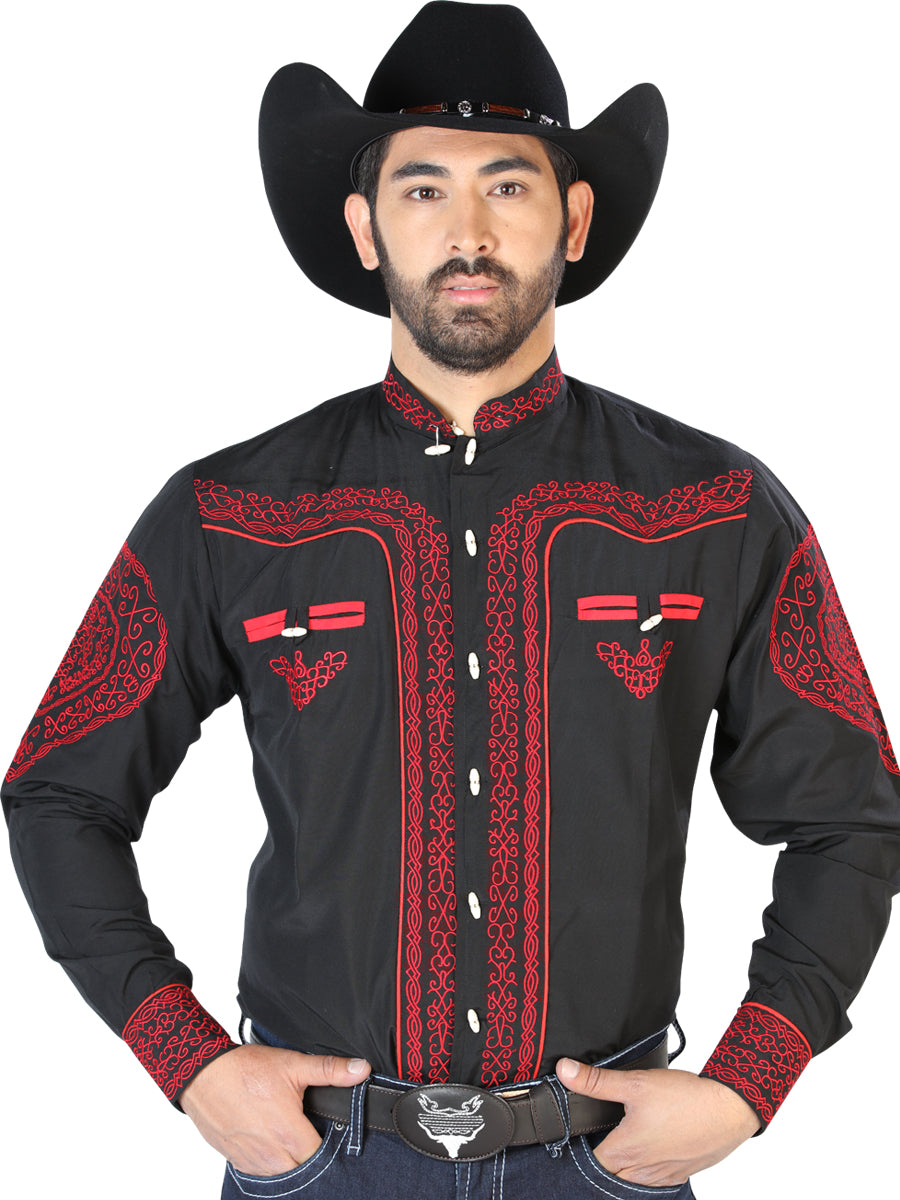 Charro Embroidered Long Sleeve Black Denim Shirt for Men 'El Señor de los Cielos' - ID: 126687 Western Shirt El Señor de los Cielos Black