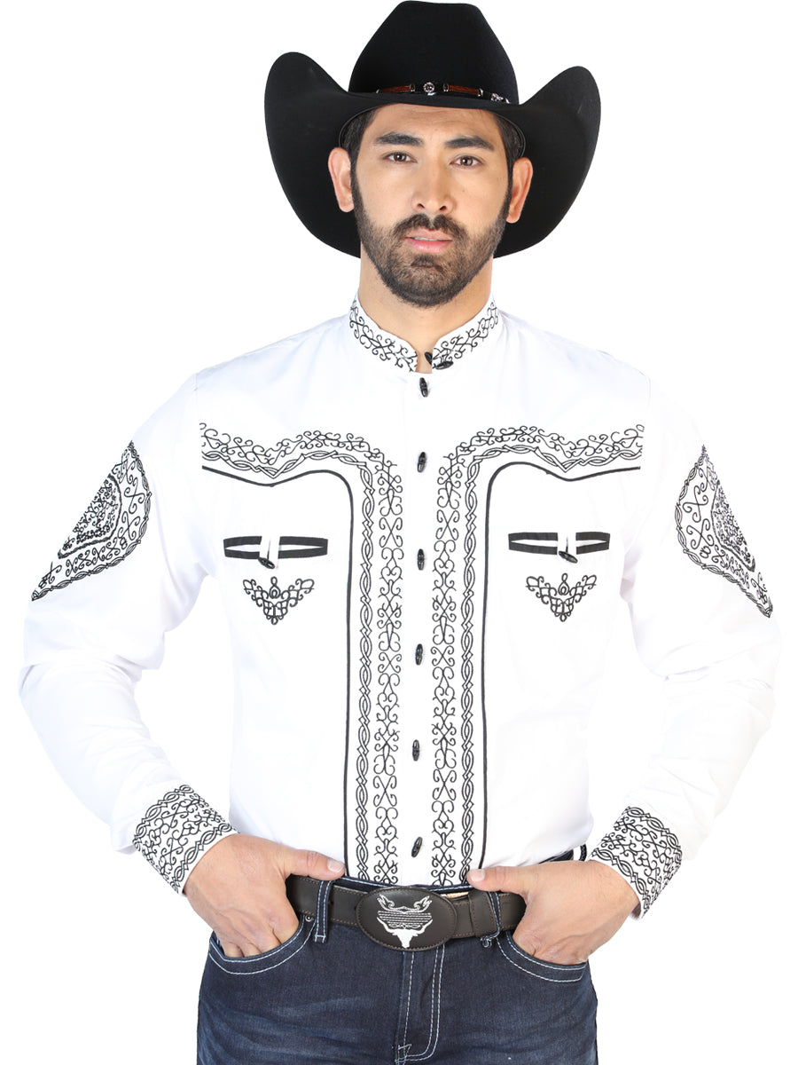White Long Sleeve Embroidered Charro Denim Shirt for Men 'El Señor de los Cielos' - ID: 126688 Western Shirt El Señor de los Cielos White