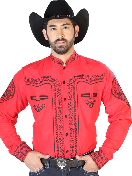 Red Long Sleeve Embroidered Charro Denim Shirt for Men 'El Señor de los Cielos' - ID: 126689 Western Shirt El Señor de los Cielos Red