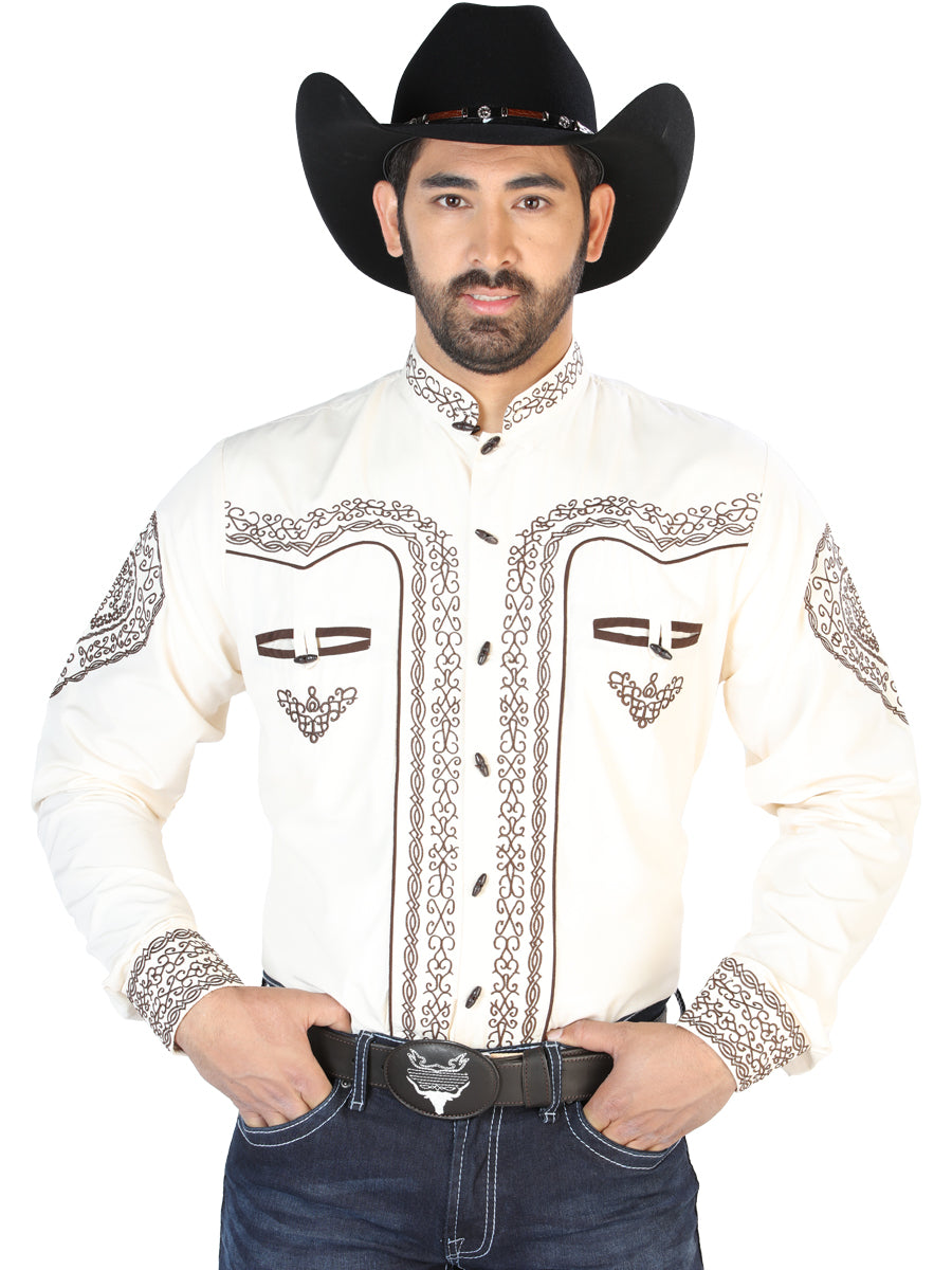 Beige Long Sleeve Embroidered Charro Denim Shirt for Men 'El Señor de los Cielos' - ID: 126690 Western Shirt El Señor de los Cielos Beige