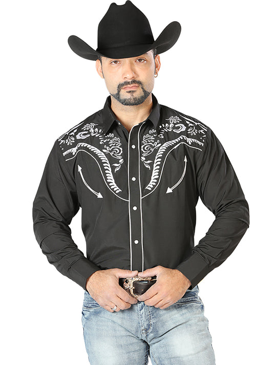 Black Long Sleeve Embroidered Denim Shirt for Men 'The Lord of the Skies' - ID: 126691