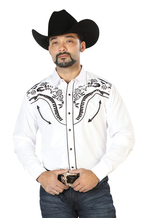 White Long Sleeve Embroidered Denim Shirt for Men 'The Lord of the Skies' - ID: 126692