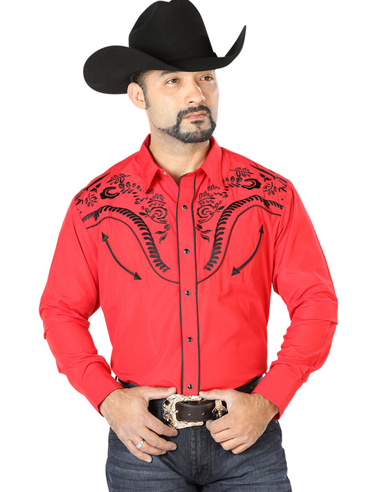 Red Long Sleeve Embroidered Denim Shirt for Men 'El Señor de los Cielos' - ID: 126693 Western Shirt El Señor de los Cielos Red