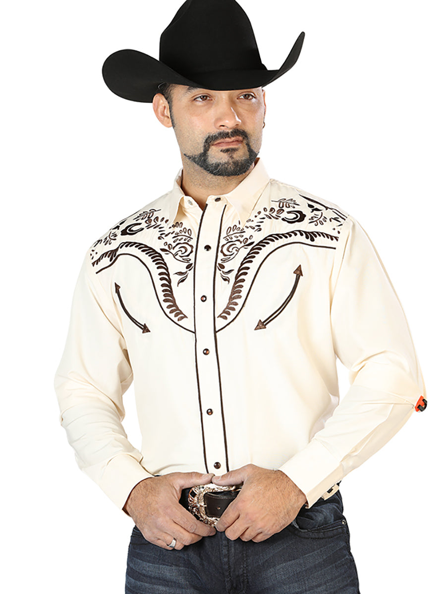 Camisa Vaquera Bordada Manga Larga Beige para Hombre 'El Señor de los Cielos' - ID: 126694 Western Shirt El Señor de los Cielos Beige