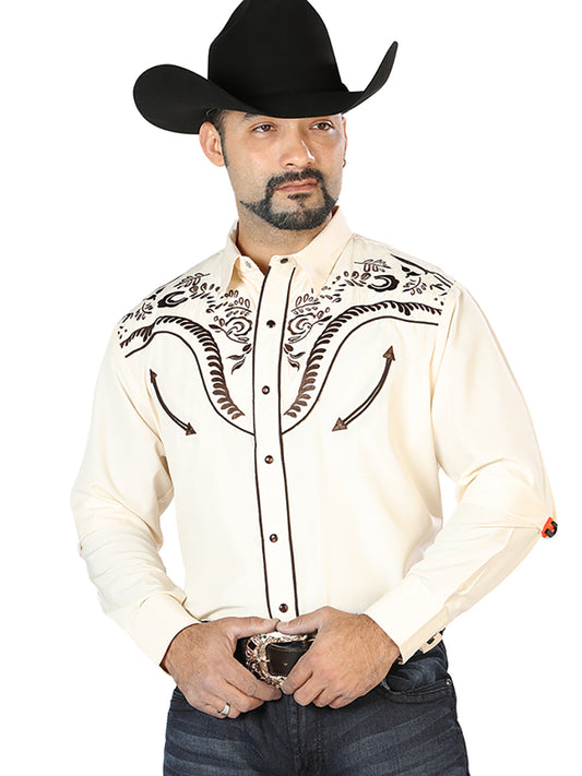 Beige Long Sleeve Embroidered Denim Shirt for Men 'The Lord of the Skies' - ID: 126694