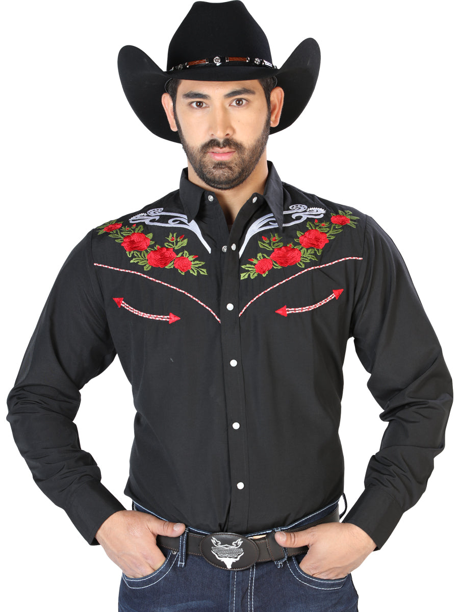 Black Long Sleeve Embroidered Denim Shirt for Men 'El Señor de los Cielos' - ID: 126695 Western Shirt El Señor de los Cielos Black