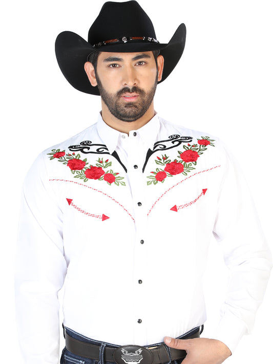 White Long Sleeve Embroidered Denim Shirt for Men 'The Lord of the Skies' - ID: 126696
