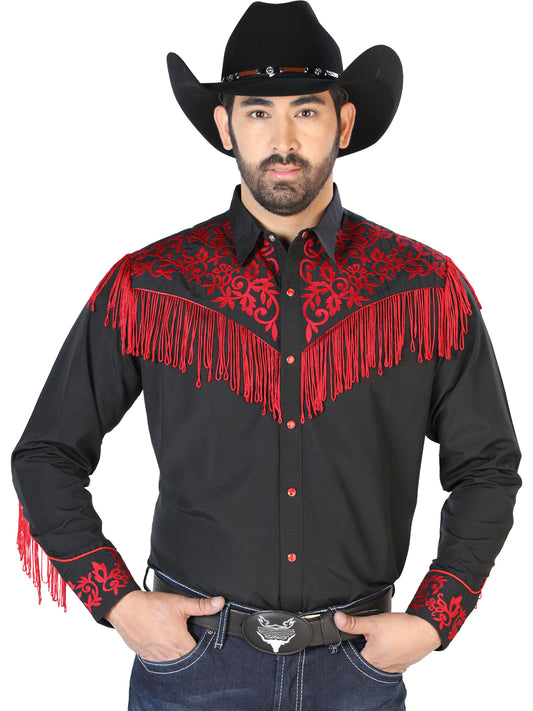 Black Long Sleeve Embroidered Denim Shirt for Men 'The Lord of the Skies' - ID: 126697