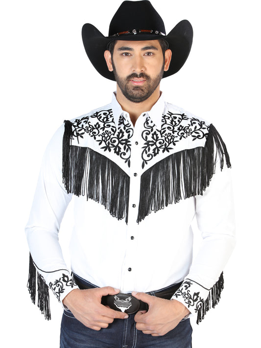 White Long Sleeve Embroidered Denim Shirt for Men 'The Lord of the Skies' - ID: 126698