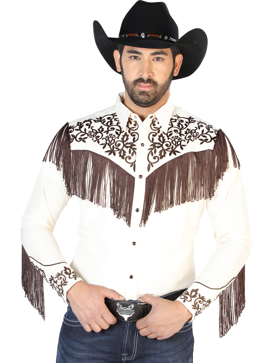 Beige Long Sleeve Embroidered Denim Shirt for Men 'El Señor de los Cielos' - ID: 126700 Western Shirt El Señor de los Cielos Beige