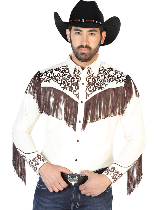 Beige Long Sleeve Embroidered Denim Shirt for Men 'The Lord of the Skies' - ID: 126700