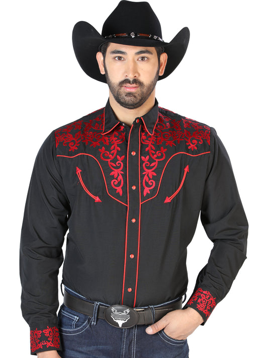 Black Long Sleeve Embroidered Denim Shirt for Men 'The Lord of the Skies' - ID: 126701