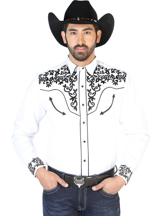 White Long Sleeve Embroidered Denim Shirt for Men 'The Lord of the Skies' - ID: 126702