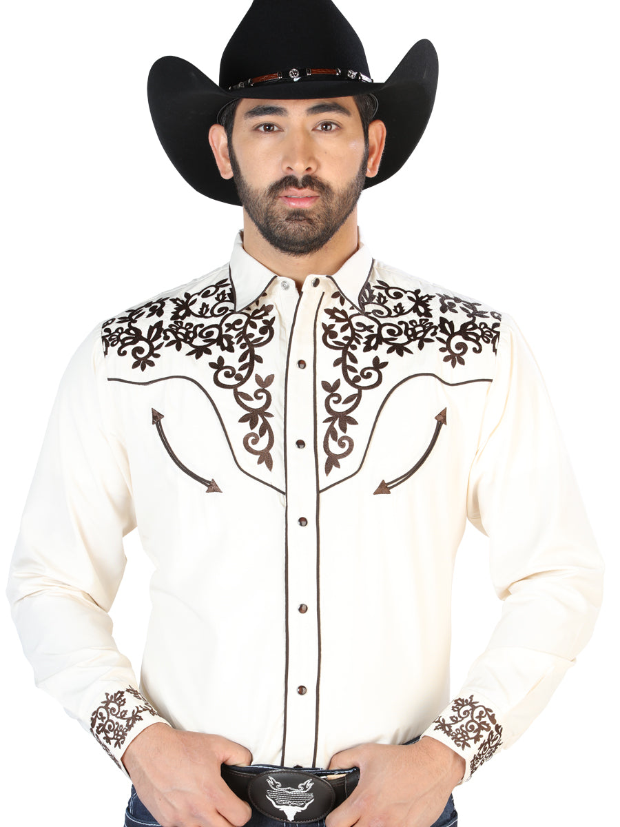 Beige Long Sleeve Embroidered Denim Shirt for Men 'El Señor de los Cielos' - ID: 126703 Western Shirt El Señor de los Cielos Beige