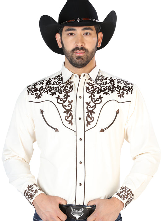 Beige Long Sleeve Embroidered Denim Shirt for Men 'The Lord of the Skies' - ID: 126703