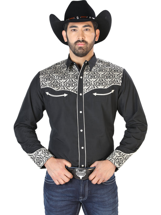 Black Long Sleeve Embroidered Denim Shirt for Men 'The Lord of the Skies' - ID: 126704