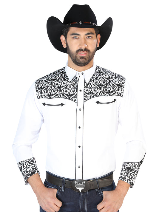 White Long Sleeve Embroidered Denim Shirt for Men 'The Lord of the Skies' - ID: 126705