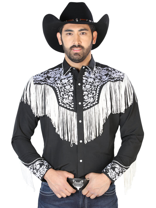 Black Long Sleeve Embroidered Denim Shirt for Men 'The Lord of the Skies' - ID: 126707