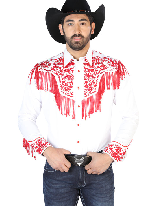 White Long Sleeve Embroidered Denim Shirt for Men 'The Lord of the Skies' - ID: 126708