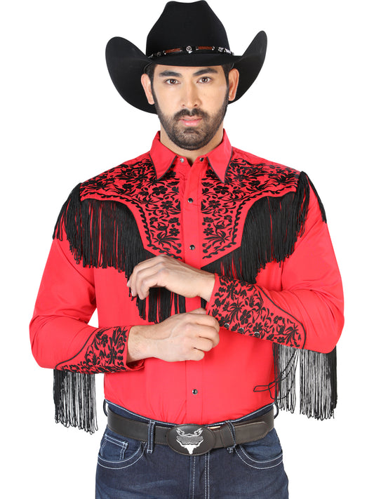 Red Long Sleeve Embroidered Denim Shirt for Men 'The Lord of the Skies' - ID: 126709