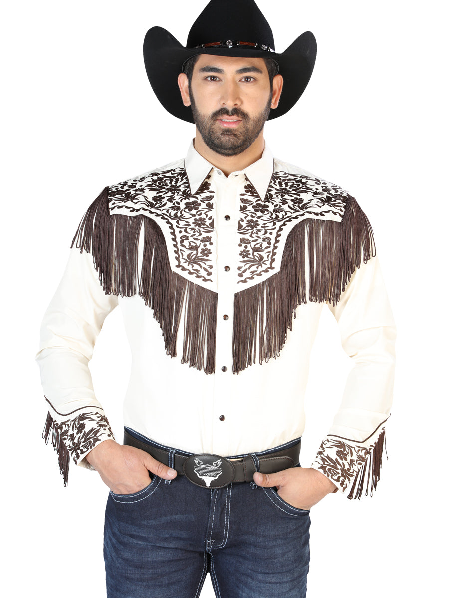 Beige Long Sleeve Embroidered Denim Shirt for Men 'El Señor de los Cielos' - ID: 126710 Western Shirt El Señor de los Cielos Beige