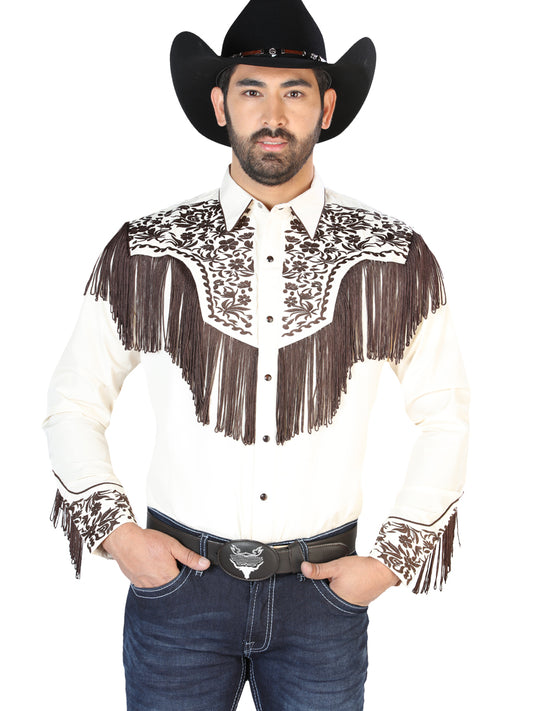 Beige Long Sleeve Embroidered Denim Shirt for Men 'The Lord of the Skies' - ID: 126710