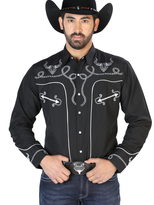 Black Long Sleeve Embroidered Denim Shirt for Men 'The Lord of the Skies' - ID: 126711