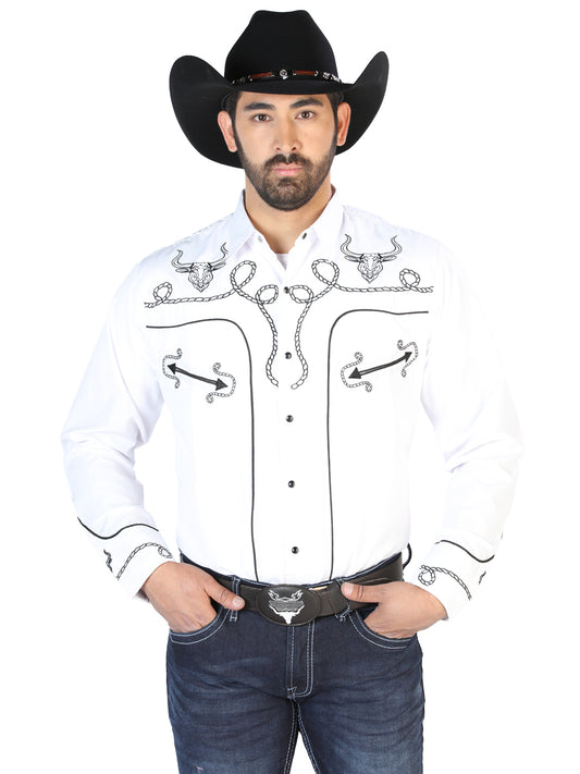 Camisa Vaquera Bordada Manga Larga Blanco para Hombre 'El Señor de los Cielos' - ID: 126712 Western Shirt El Señor de los Cielos White