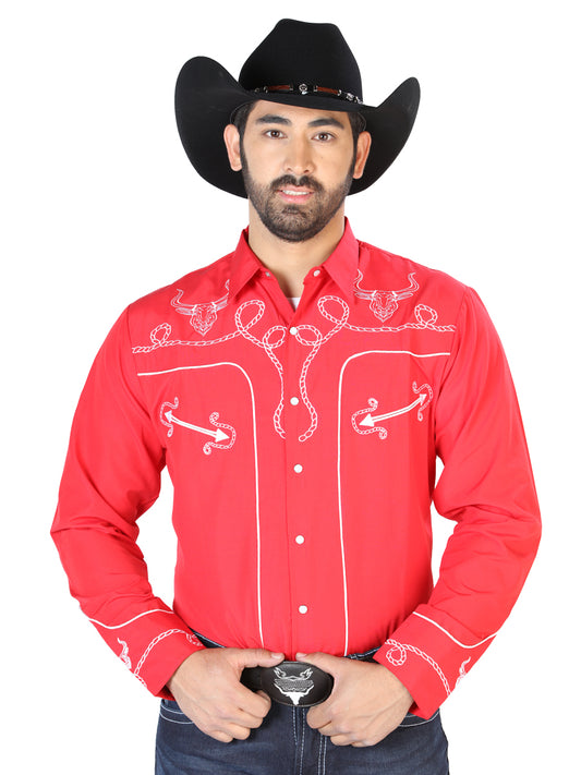 Red Long Sleeve Embroidered Denim Shirt for Men 'El Señor de los Cielos' - ID: 126713 Western Shirt El Señor de los Cielos Red