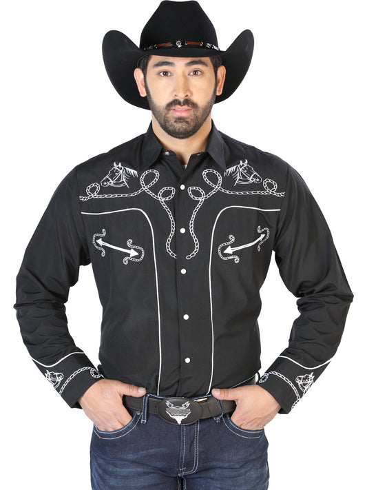 Black Long Sleeve Embroidered Denim Shirt for Men 'The Lord of the Skies' - ID: 126714