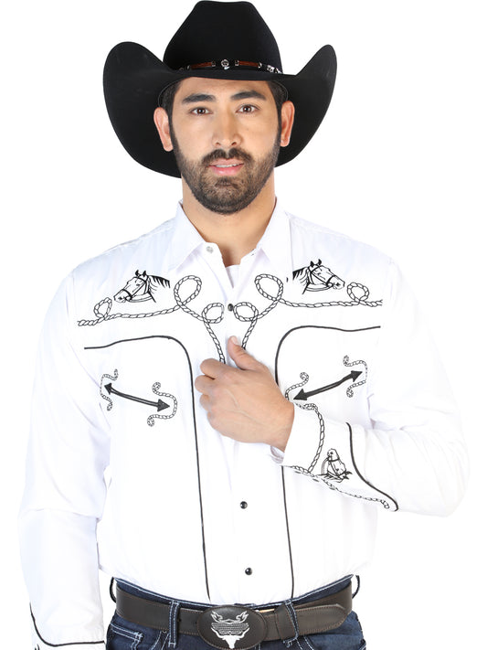 White Long Sleeve Embroidered Denim Shirt for Men 'The Lord of the Skies' - ID: 126715