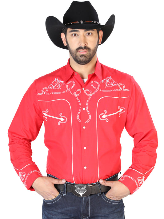 Red Long Sleeve Embroidered Denim Shirt for Men 'El Señor de los Cielos' - ID: 126716 Western Shirt El Señor de los Cielos Red