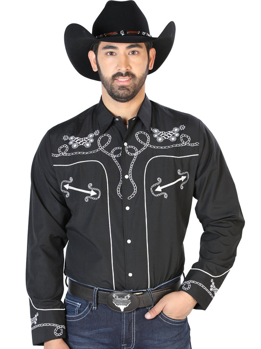 Black Long Sleeve Embroidered Denim Shirt for Men 'The Lord of the Skies' - ID: 126717