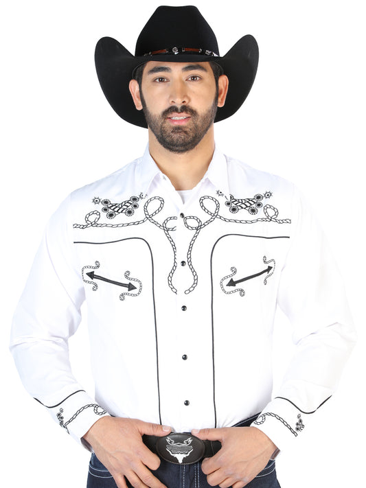 White Long Sleeve Embroidered Denim Shirt for Men 'The Lord of the Skies' - ID: 126718