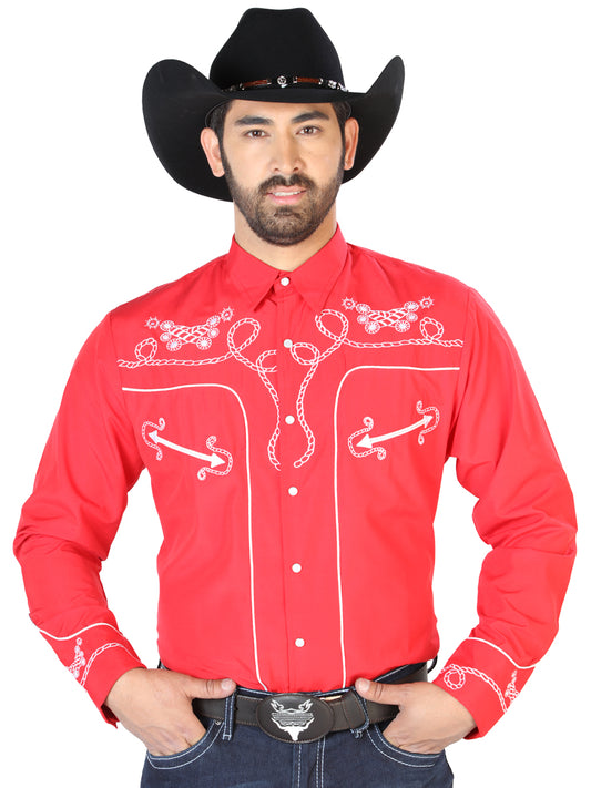 Red Long Sleeve Embroidered Denim Shirt for Men 'El Señor de los Cielos' - ID: 126719 Western Shirt El Señor de los Cielos Red