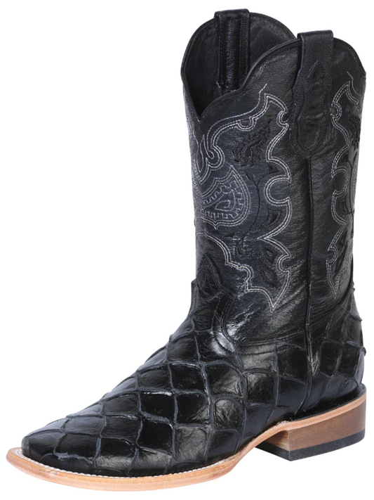 Rodeo Cowboy Boots Imitation of Monster Fish Engraved in Cowhide Leather for Men 'El General' - ID: 41792 Cowboy Boots El General Black