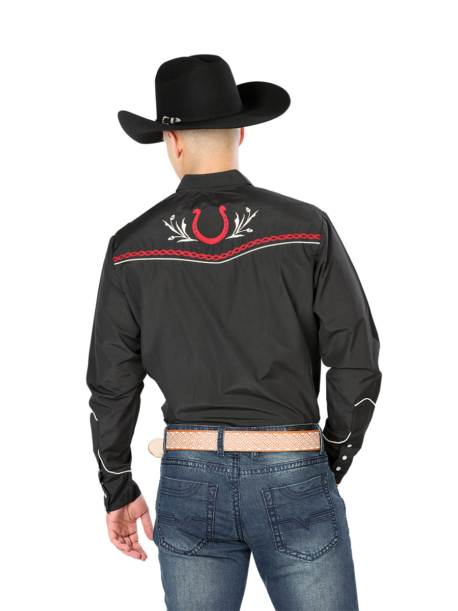 Black Long Sleeve Embroidered Denim Shirt for Men 'The Lord of the Skies' - ID: 43293