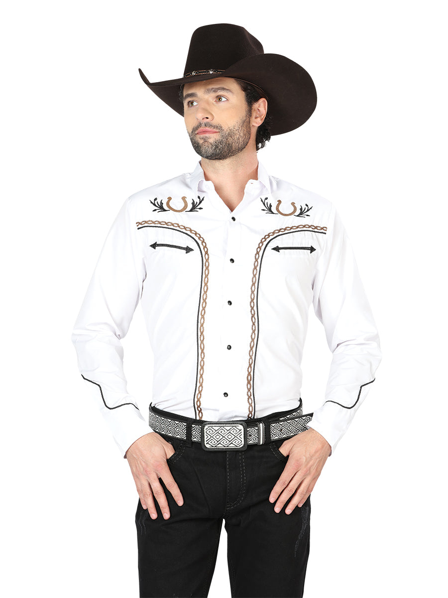 White Long Sleeve Embroidered Denim Shirt for Men 'The Lord of the Skies' - ID: 43296