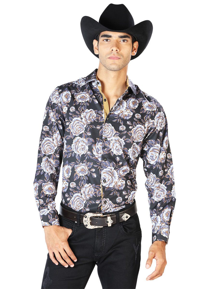 Camisa Vaquera Manga Larga Estampada Floral Negro/Beige para Hombre 'El Señor de los Cielos' - ID: 43540 Western Shirt El Señor de los Cielos 