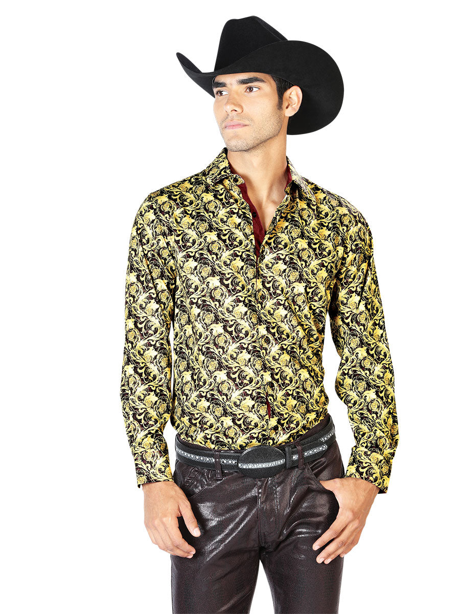 Black/Yellow Printed Long Sleeve Denim Shirt for Men 'The Lord of the Skies' - ID: 43542