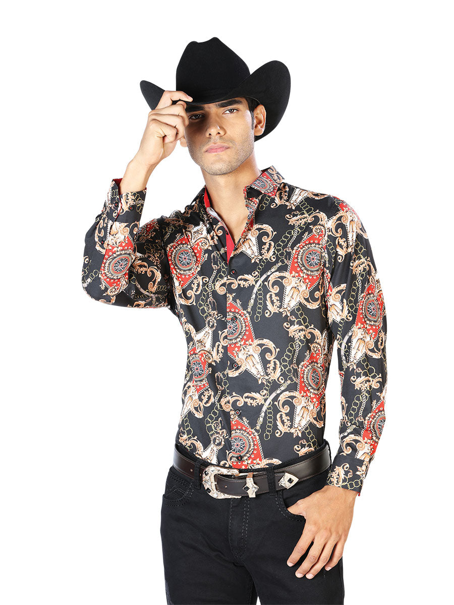 Black/Gold Printed Long Sleeve Denim Shirt for Men 'The Lord of the Skies' - ID: 43543