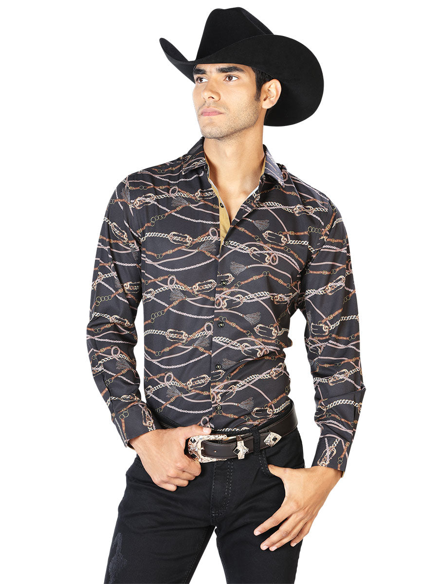 Long Sleeve Denim Shirt Printed Chains Black / Gold for Men 'The Lord of the Skies' - ID: 43545