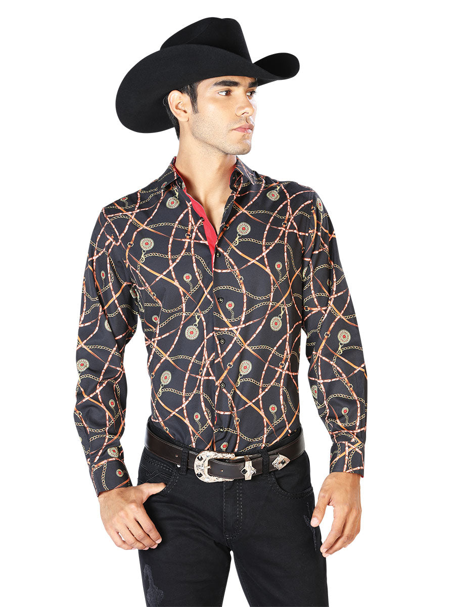 Long Sleeve Denim Shirt Printed Chains Black / Gold for Men 'The Lord of the Skies' - ID: 43547