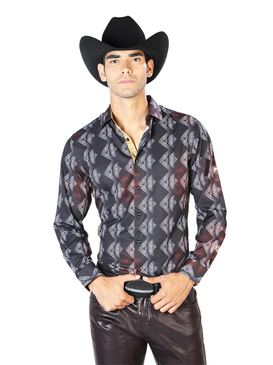 Long Sleeve Printed Black / Gray Denim Shirt for Men 'The Lord of the Skies' - ID: 43548