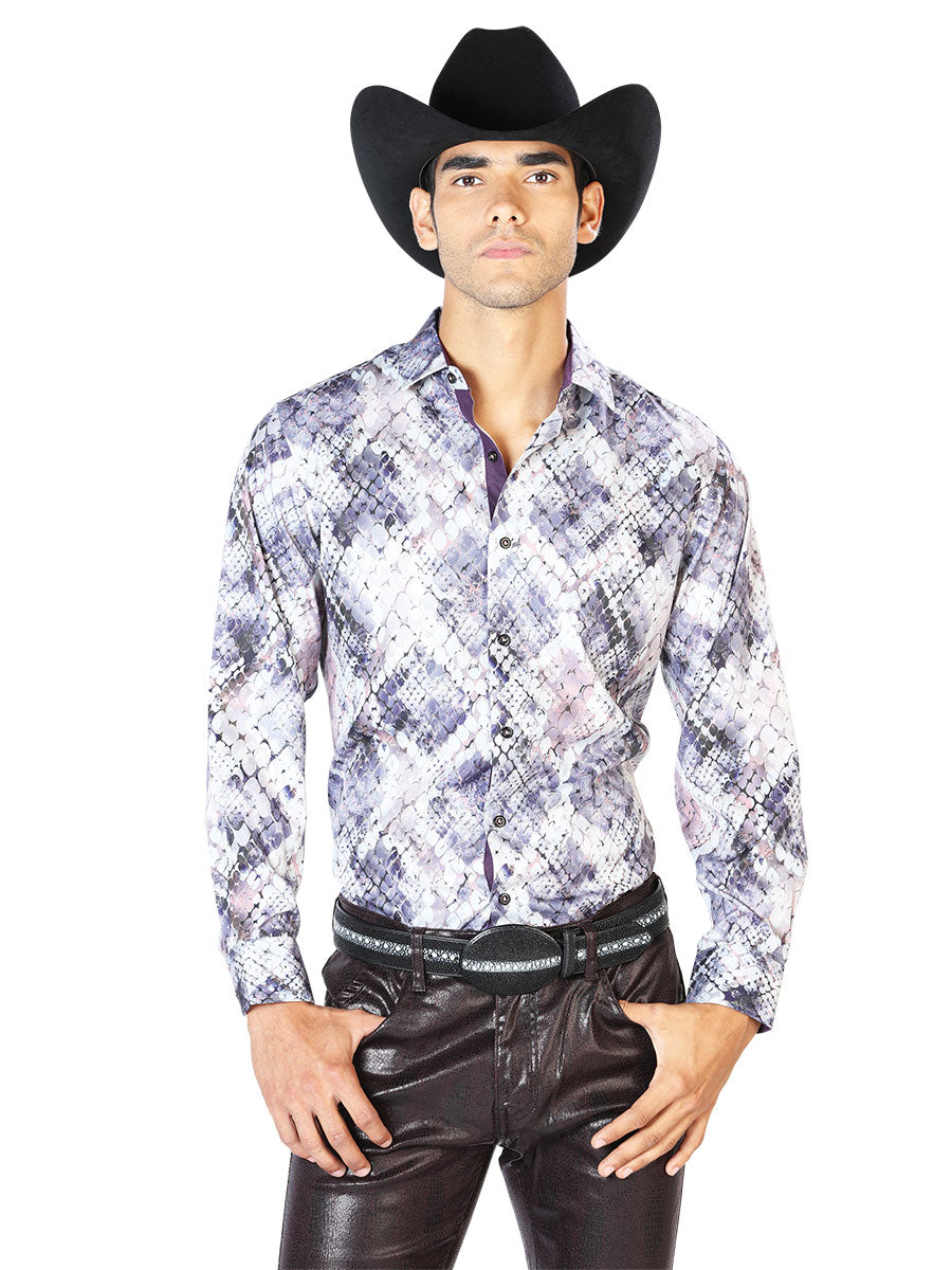Purple Printed Long Sleeve Denim Shirt for Men 'The Lord of the Skies' - ID: 43549